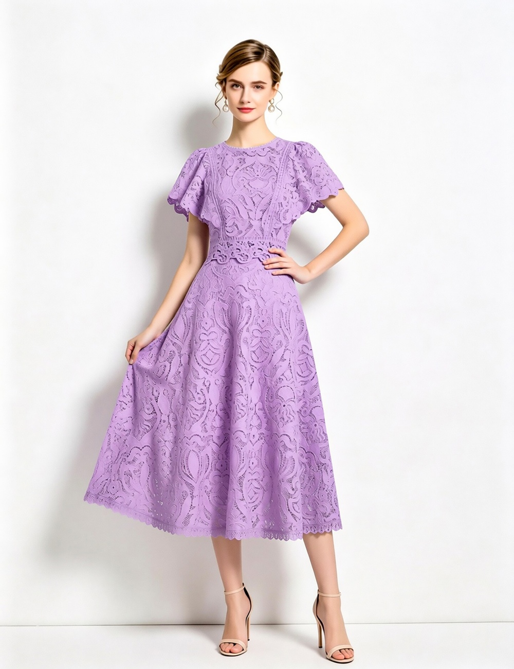 Boats sleeve hollow light luxury fashion lace dress a set