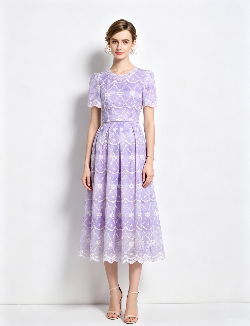 Printing round neck light luxury slim dress a set