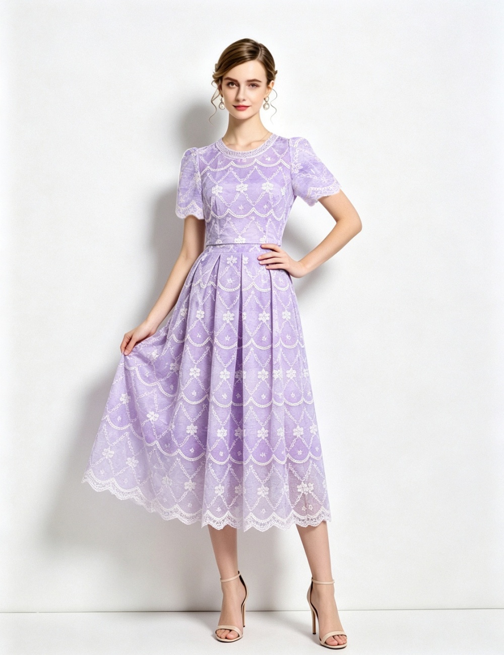 Printing round neck light luxury slim dress a set