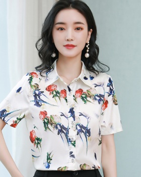 Middle-aged printing summer tops real silk silk Casual shirt