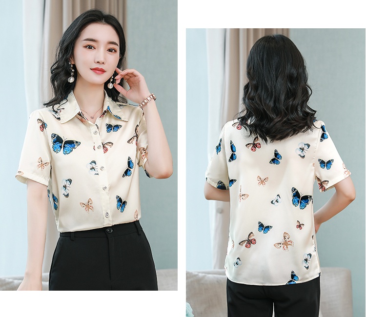 Middle-aged printing summer tops real silk silk Casual shirt