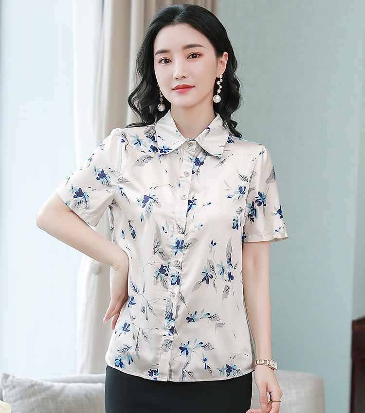 Middle-aged printing summer tops real silk silk Casual shirt