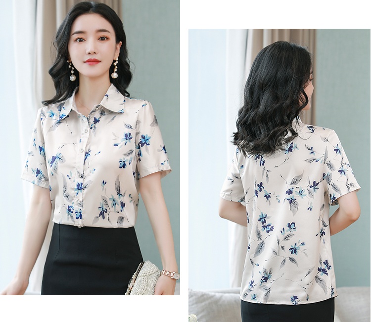 Middle-aged printing summer tops real silk silk Casual shirt