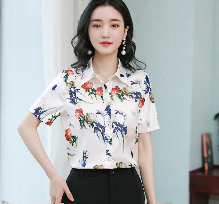 Middle-aged printing summer tops real silk silk Casual shirt