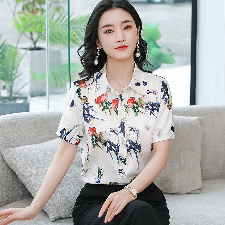 Middle-aged printing summer tops real silk silk Casual shirt