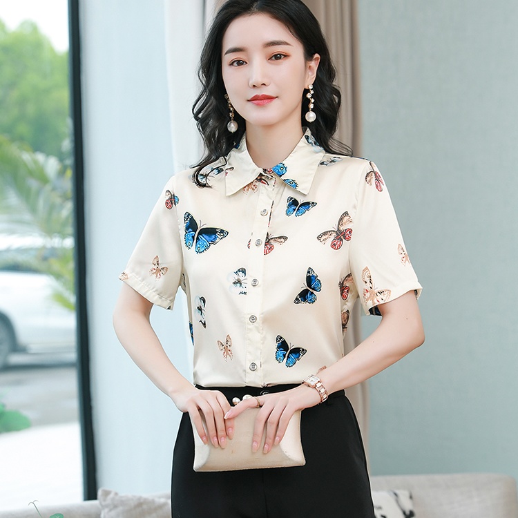Middle-aged printing summer tops real silk silk Casual shirt