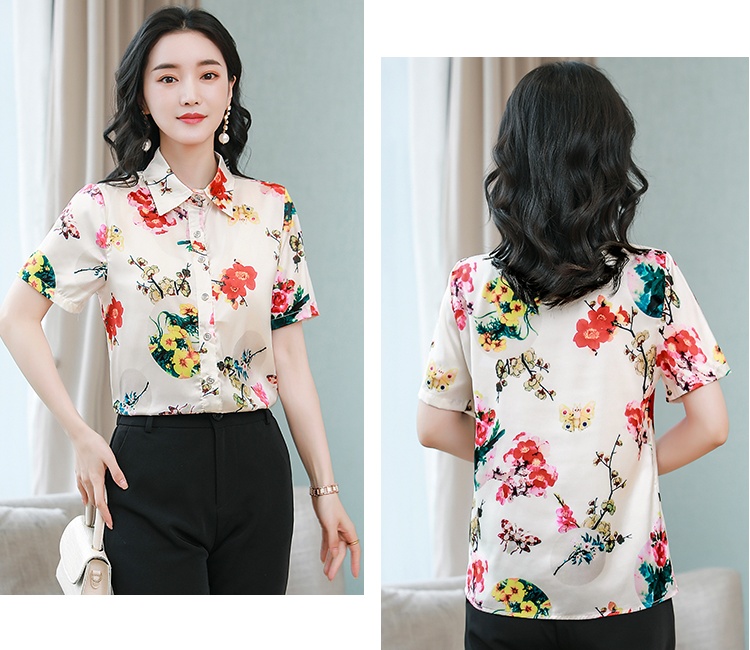 Middle-aged printing summer tops real silk silk Casual shirt