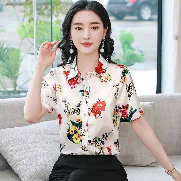 Middle-aged printing summer tops real silk silk Casual shirt
