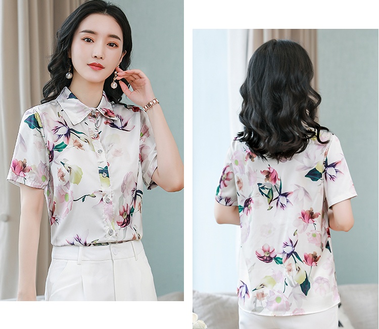 Middle-aged printing summer tops real silk silk Casual shirt