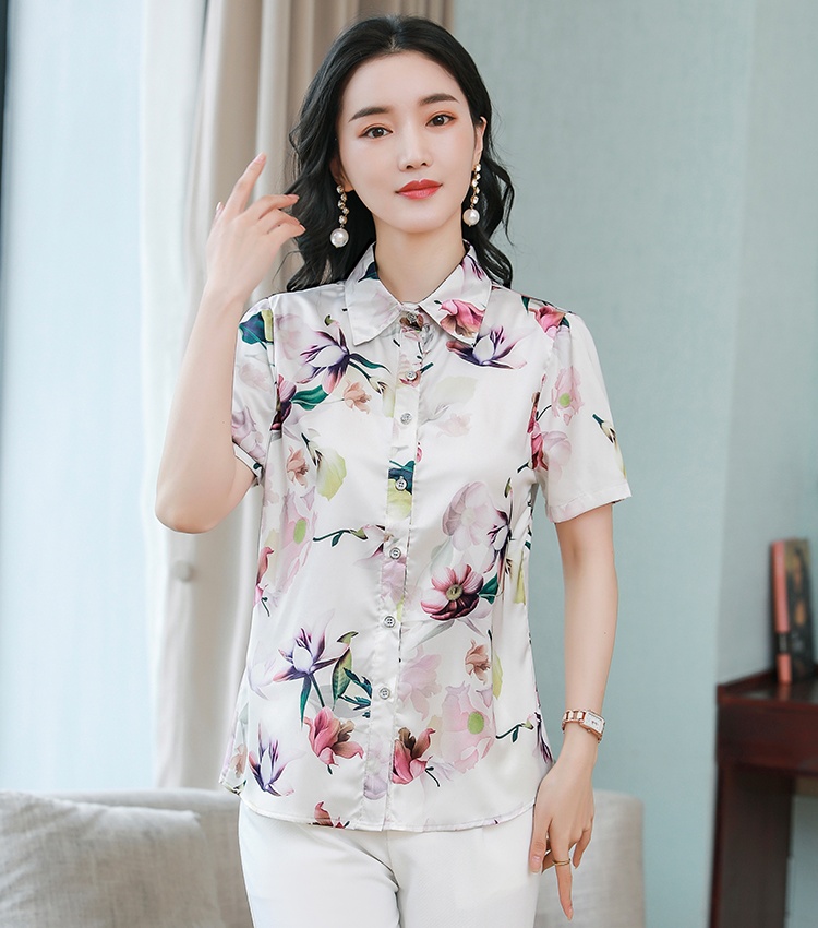 Middle-aged printing summer tops real silk silk Casual shirt