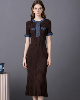 European style tight long dress knitted short sleeve dress