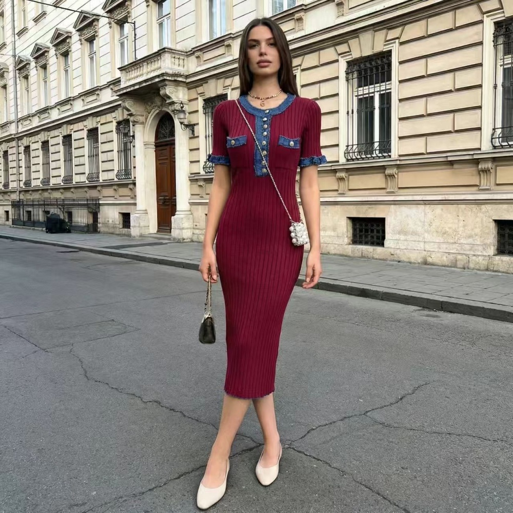European style tight long dress knitted short sleeve dress