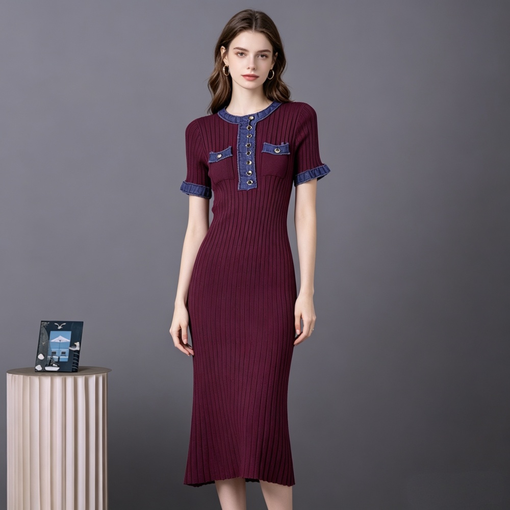 European style tight long dress knitted short sleeve dress