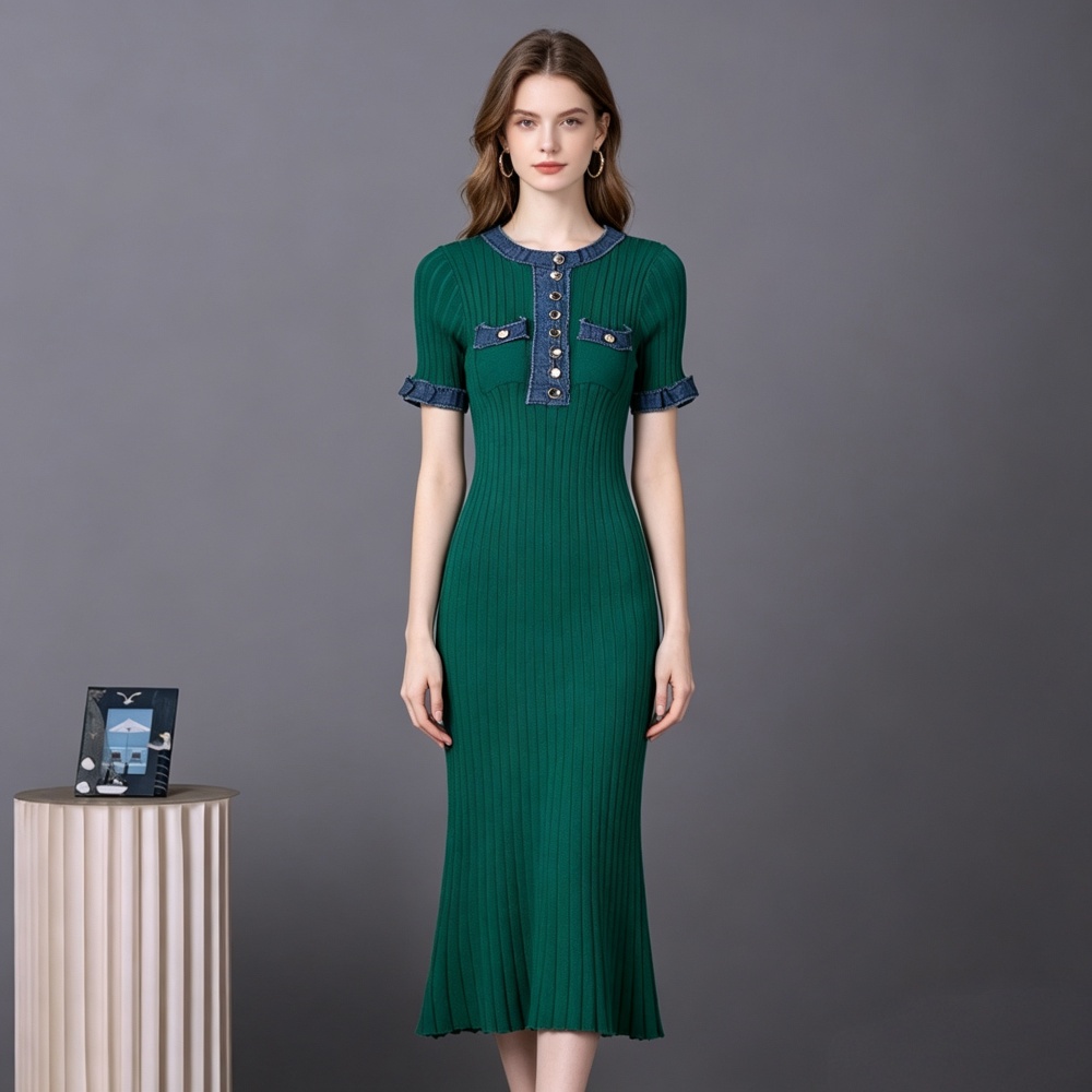 European style tight long dress knitted short sleeve dress