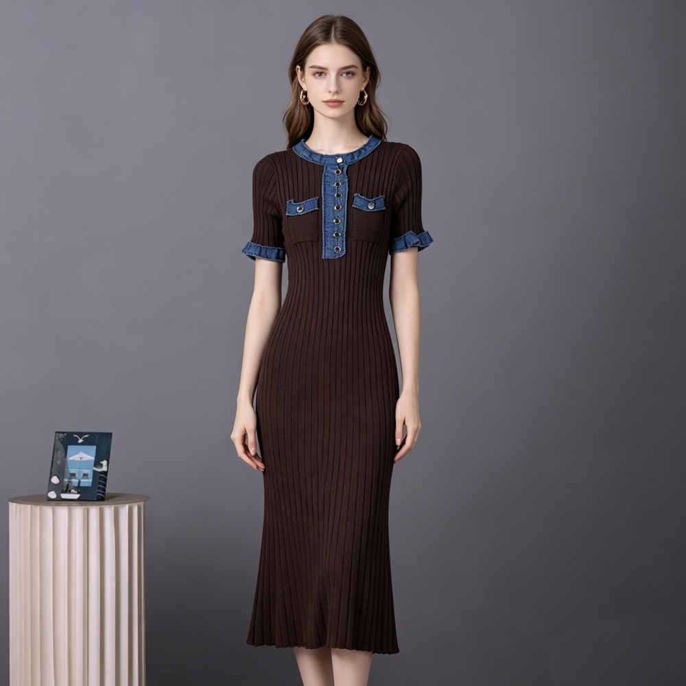European style tight long dress knitted short sleeve dress