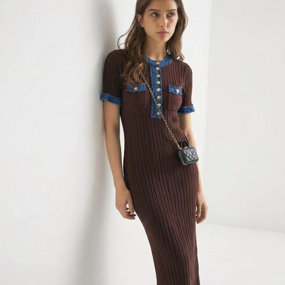 European style tight long dress knitted short sleeve dress