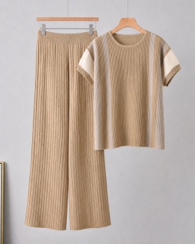 Knitted Casual pants European style mixed colors T-shirt a set