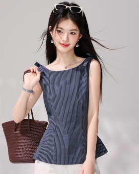 Pinched waist stripe vest horizontal collar shirt for women