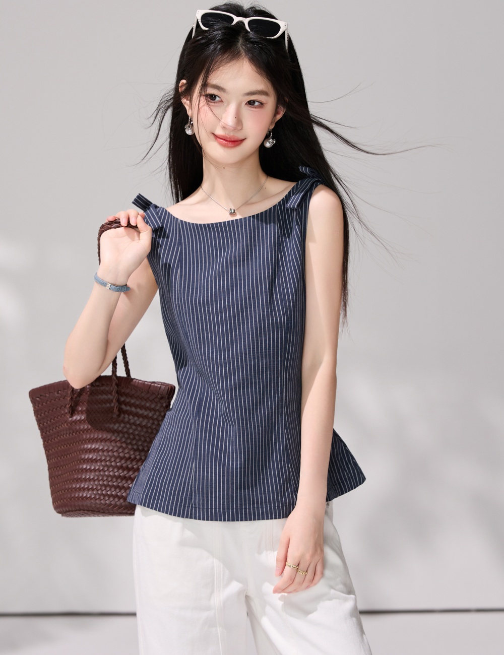 Pinched waist stripe vest horizontal collar shirt for women