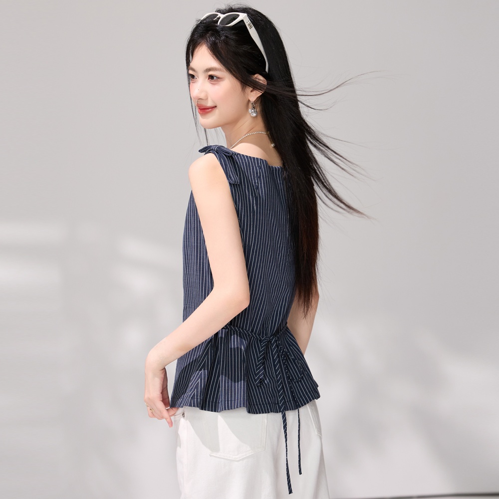 Pinched waist stripe vest horizontal collar shirt for women
