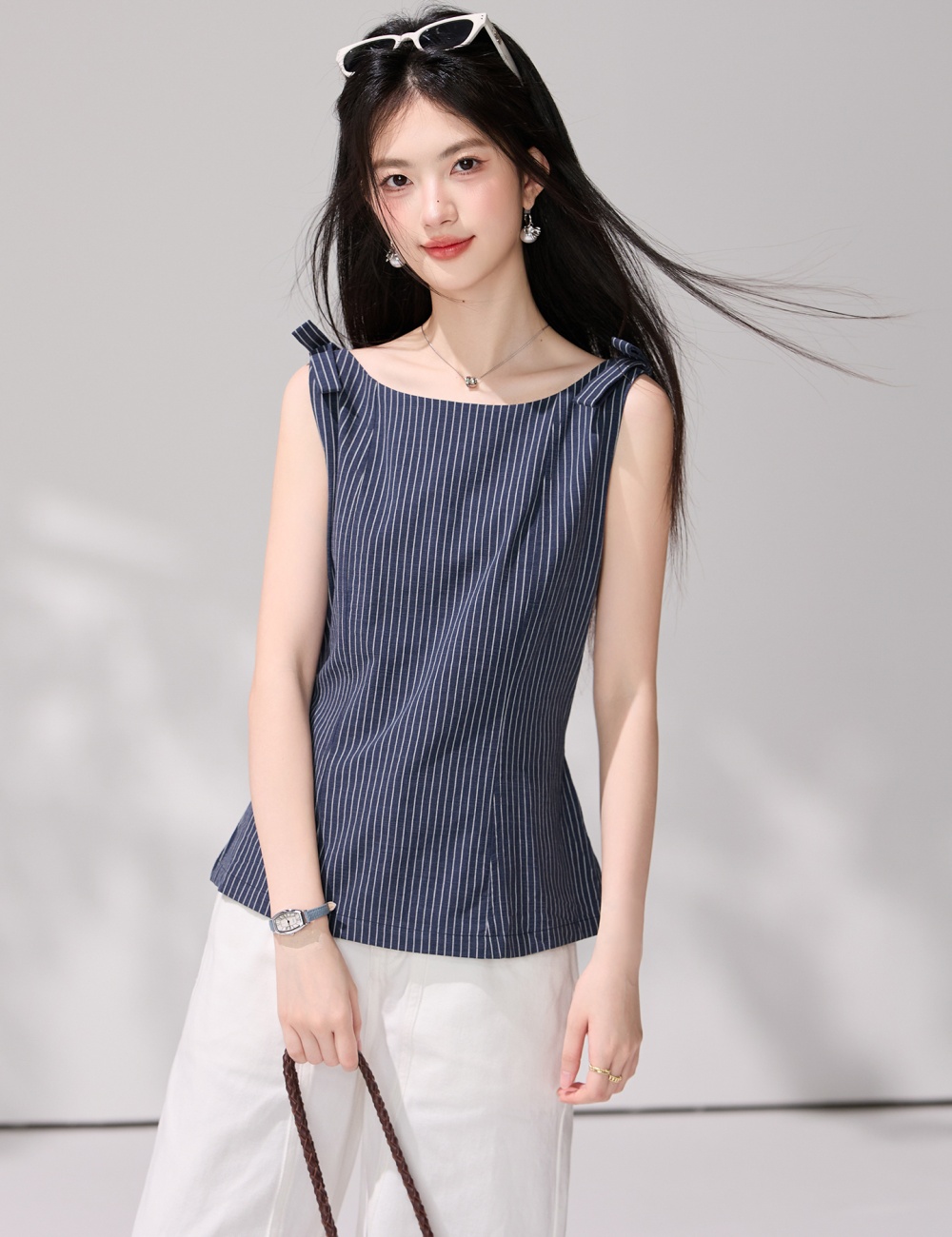 Pinched waist stripe vest horizontal collar shirt for women