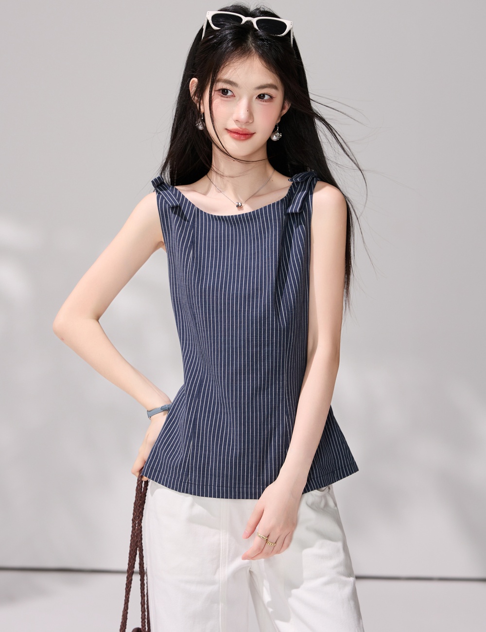 Pinched waist stripe vest horizontal collar shirt for women