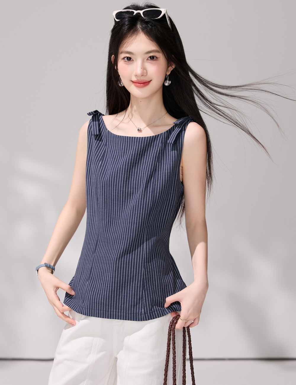 Pinched waist stripe vest horizontal collar shirt for women