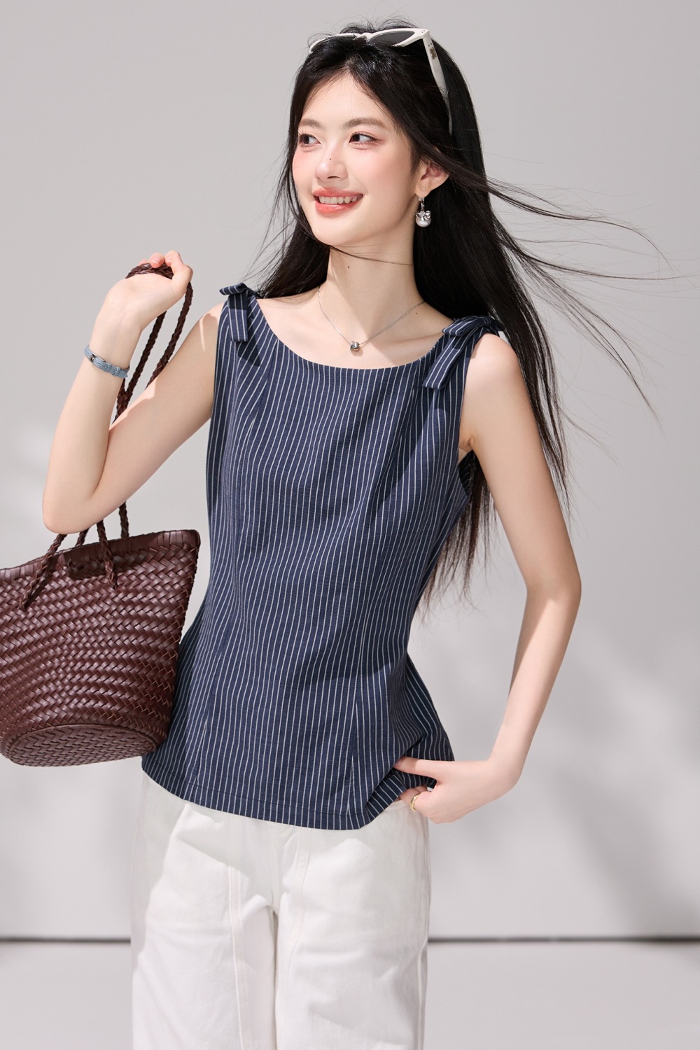 Pinched waist stripe vest horizontal collar shirt for women