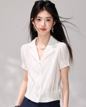Summer V-neck short sleeve white France style shirt