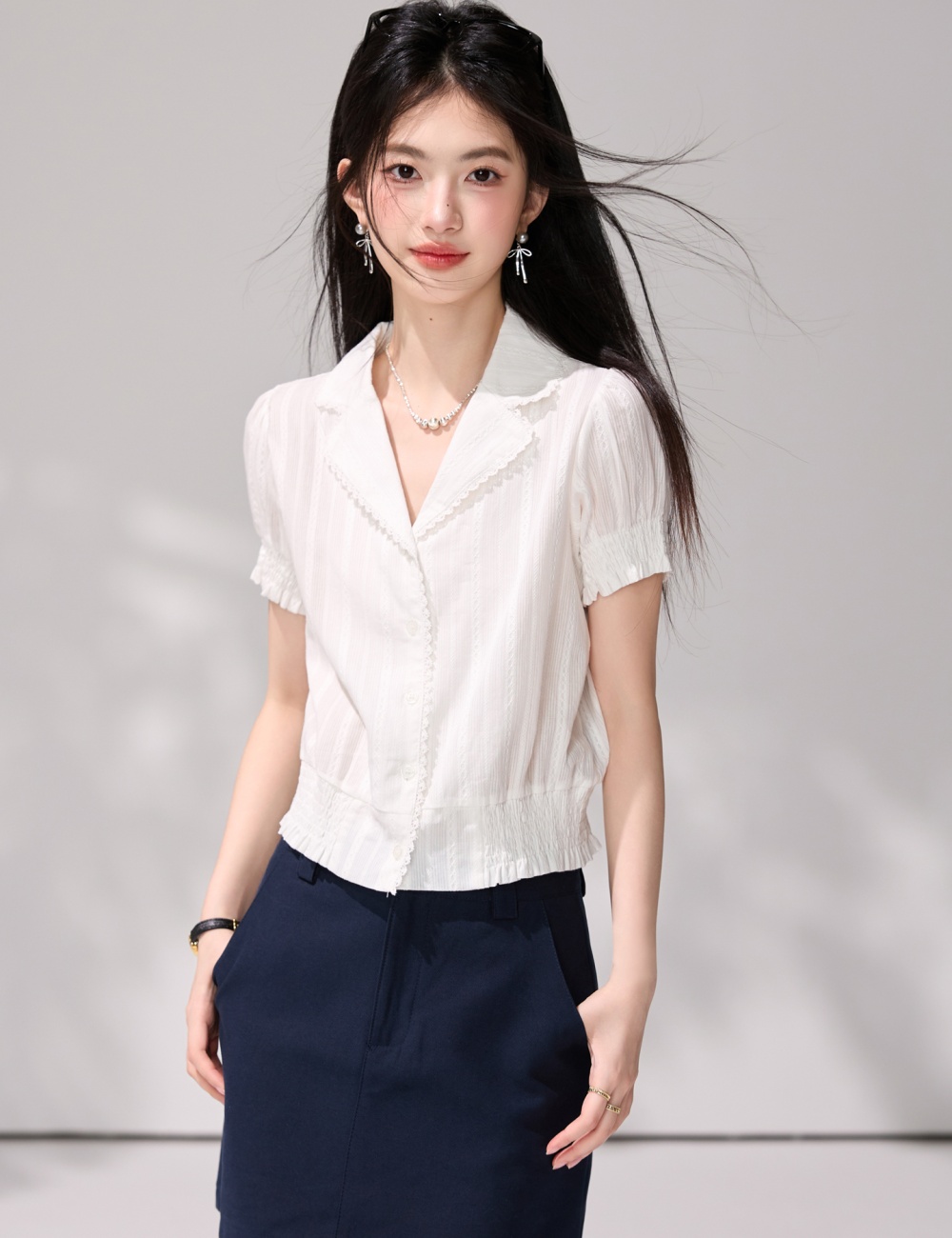 Summer V-neck short sleeve white France style shirt