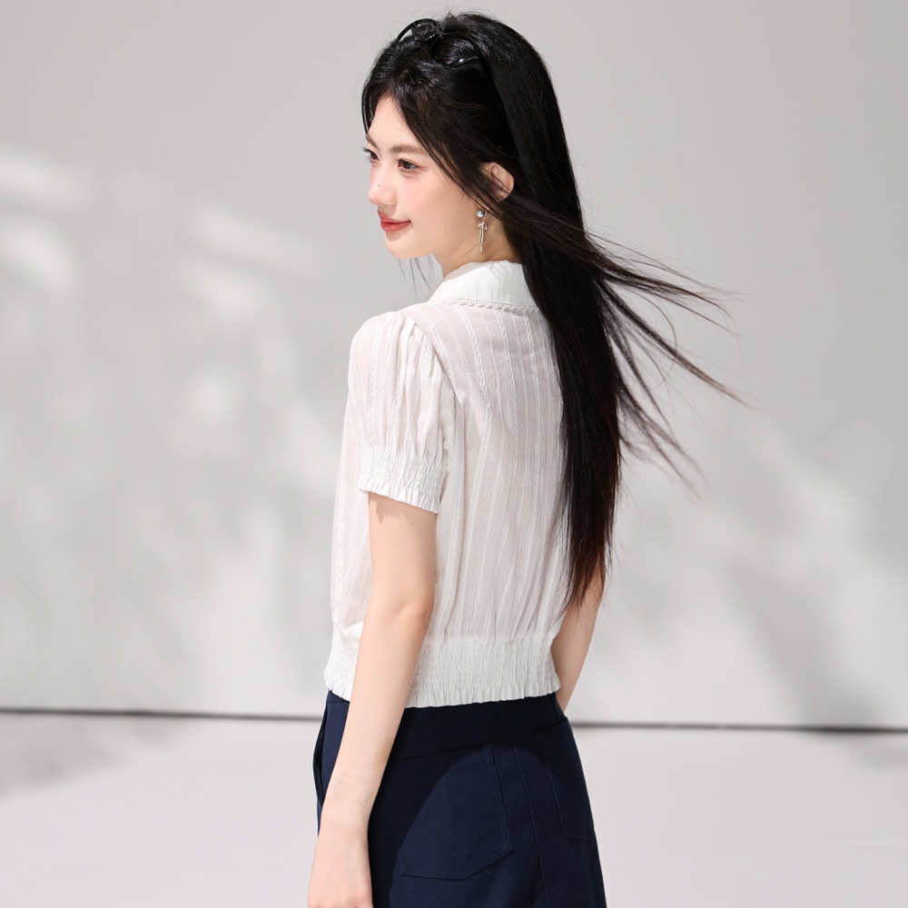 Summer V-neck short sleeve white France style shirt
