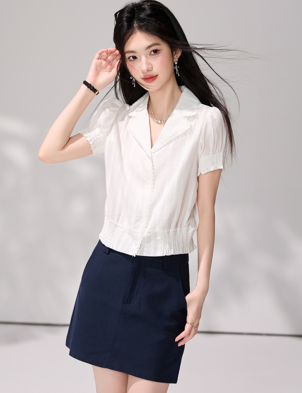 Summer V-neck short sleeve white France style shirt