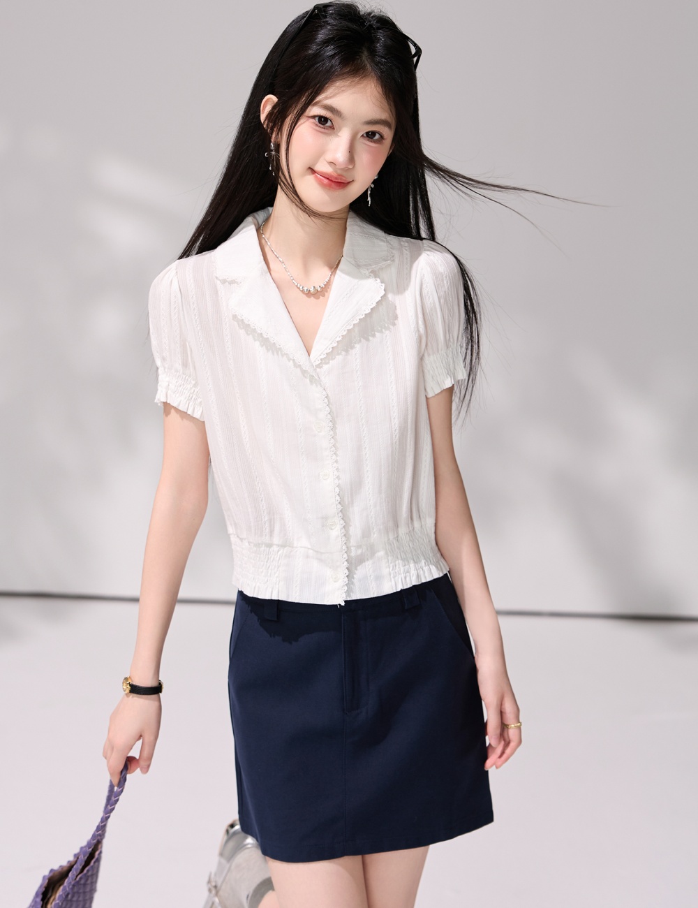 Summer V-neck short sleeve white France style shirt