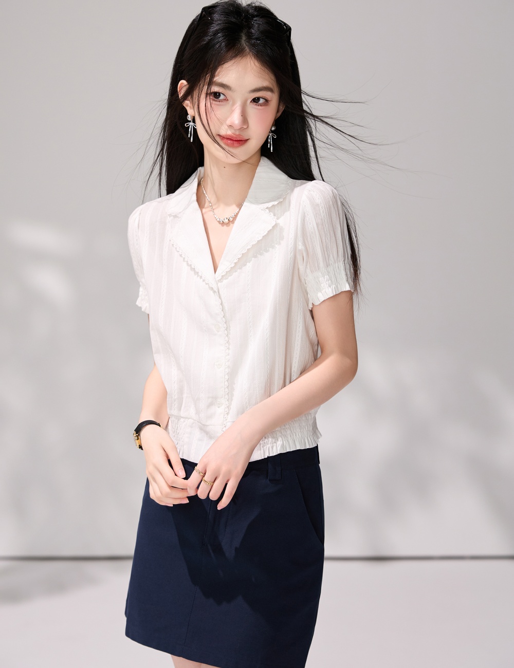 Summer V-neck short sleeve white France style shirt