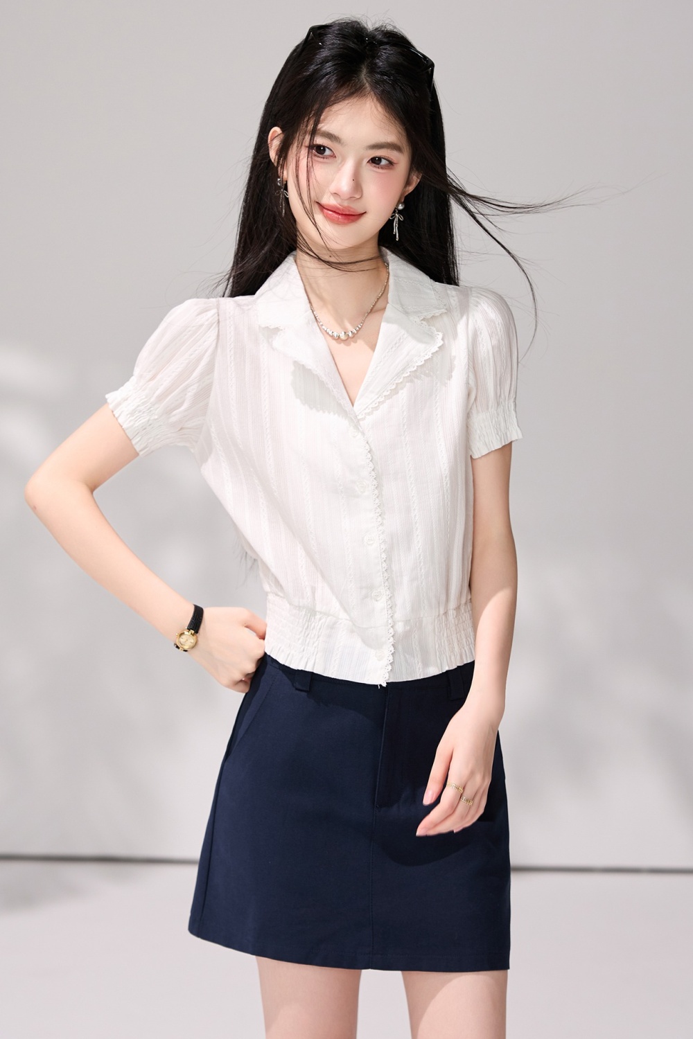 Summer V-neck short sleeve white France style shirt