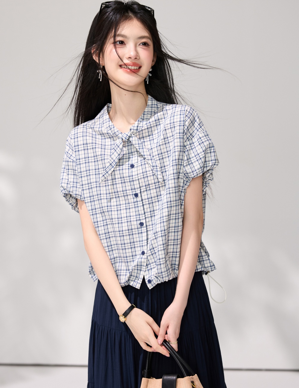 Korean style collar summer shirt fold tops for women