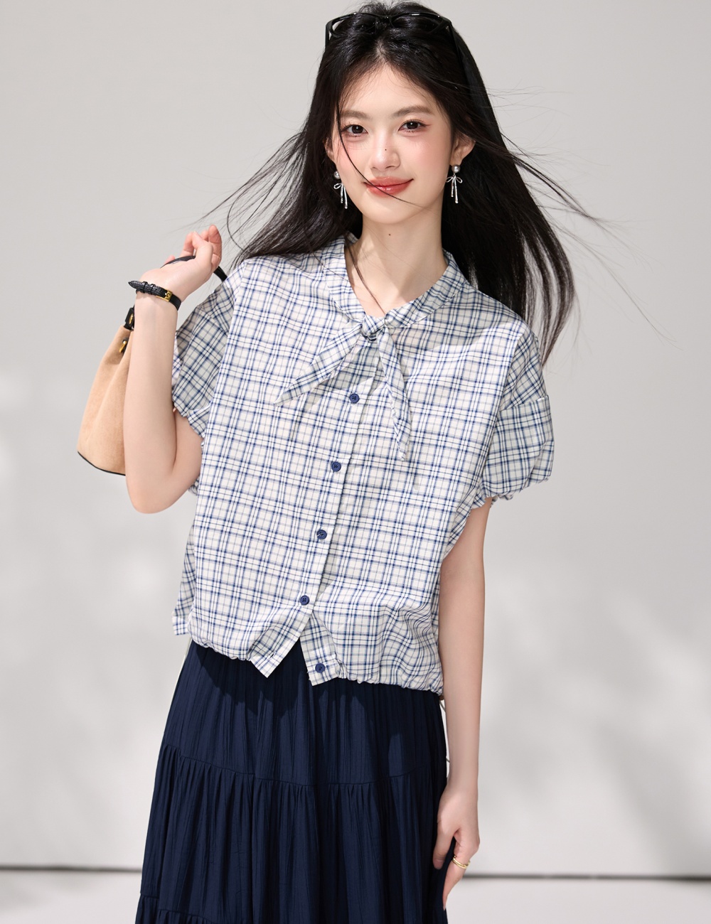 Korean style collar summer shirt fold tops for women