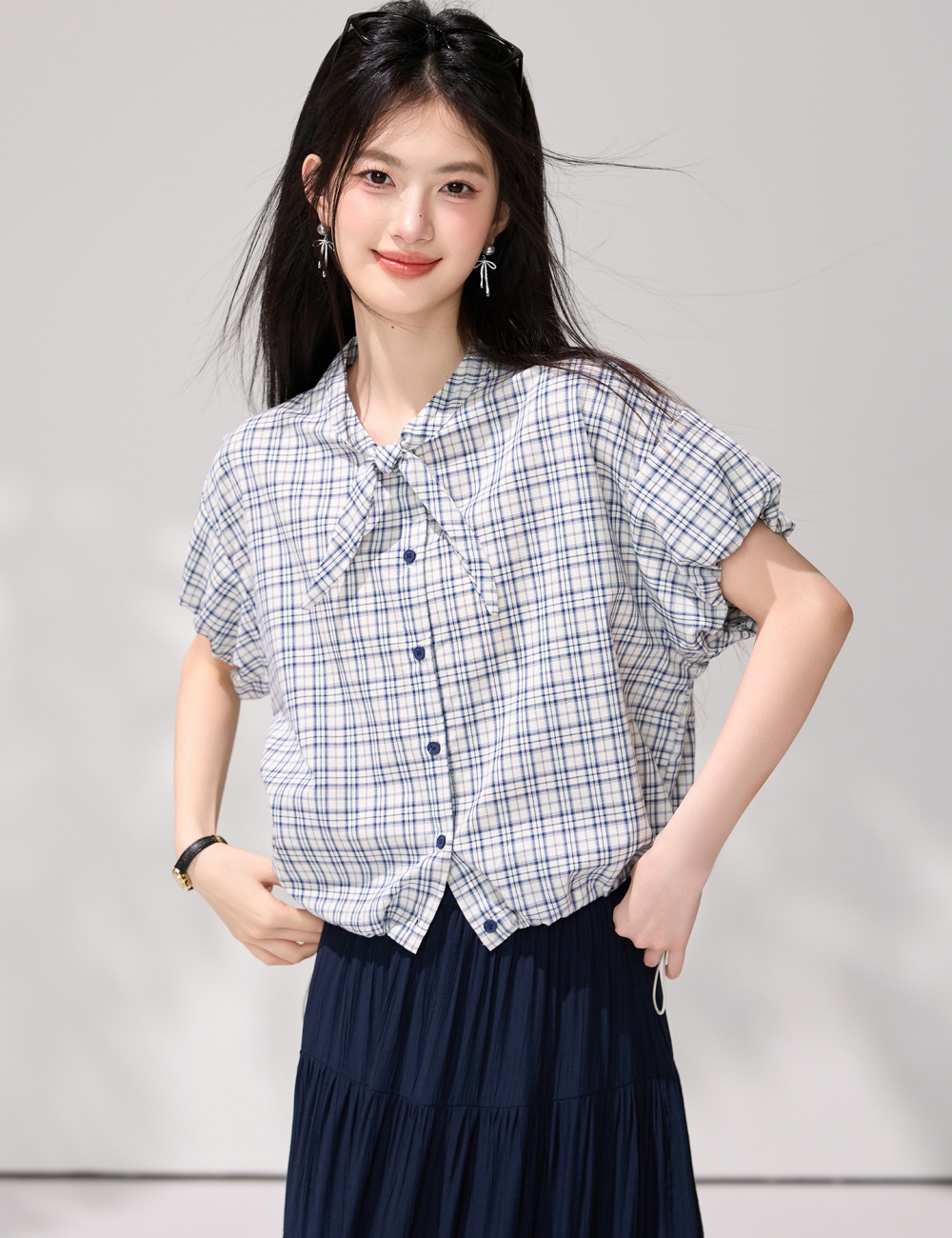 Korean style collar summer shirt fold tops for women
