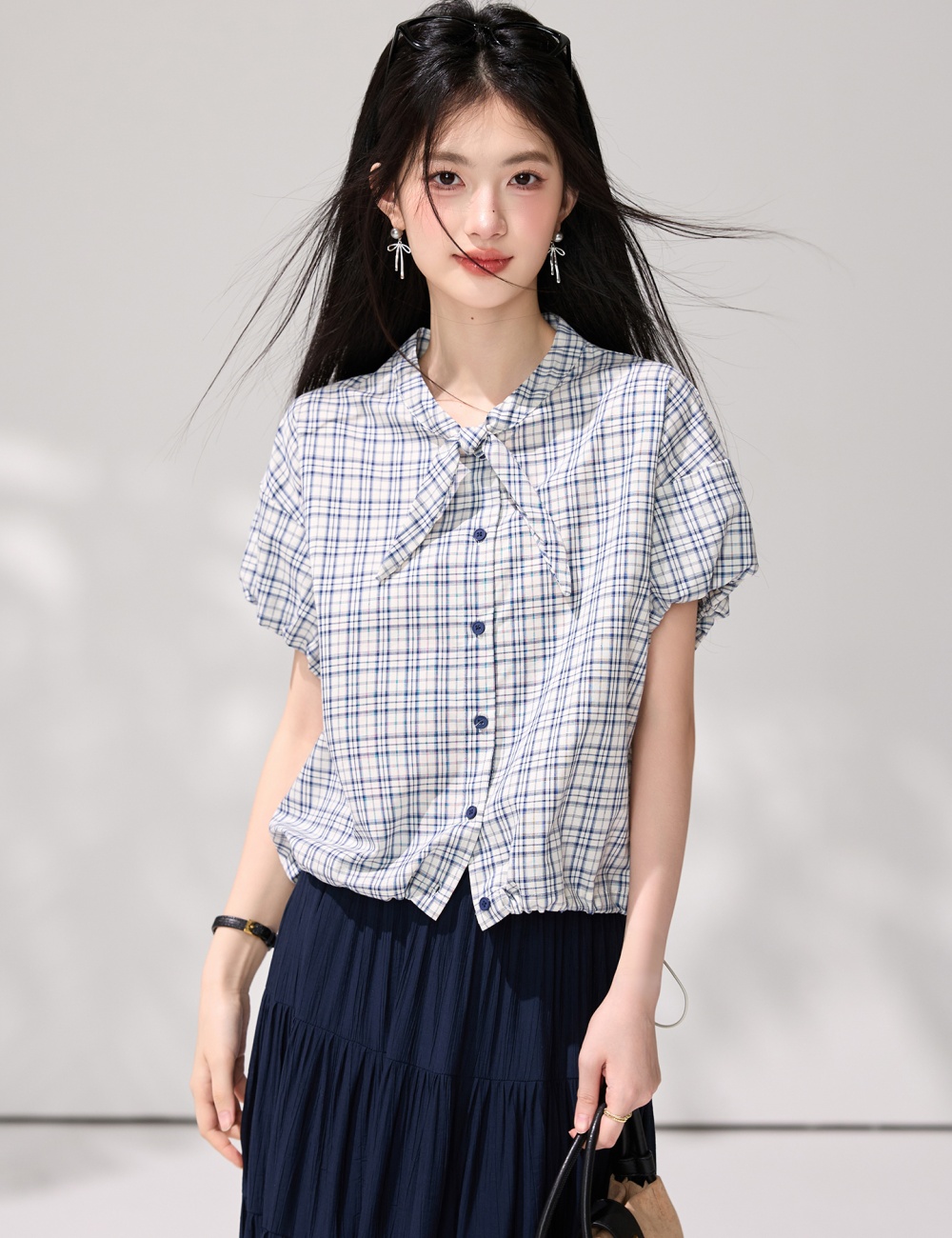 Korean style collar summer shirt fold tops for women
