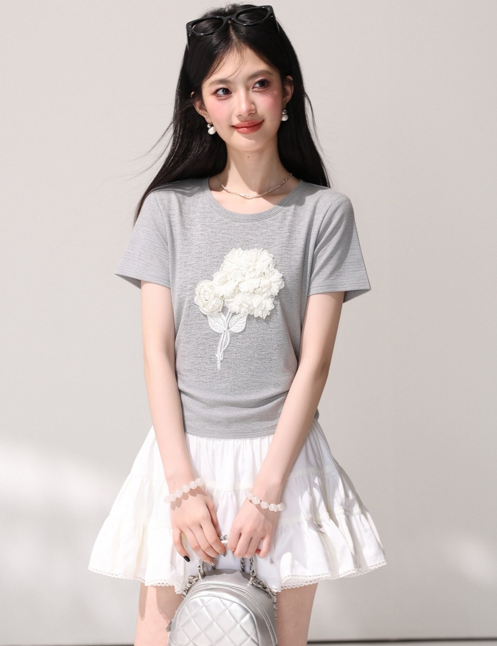 Stereoscopic round neck T-shirt short sleeve fold small shirt
