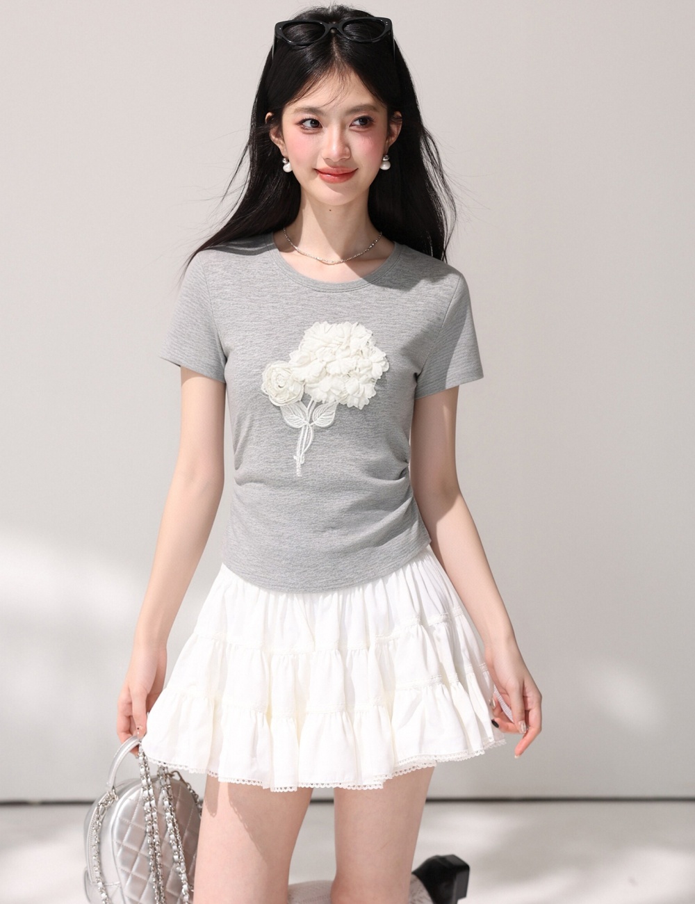 Stereoscopic round neck T-shirt short sleeve fold small shirt