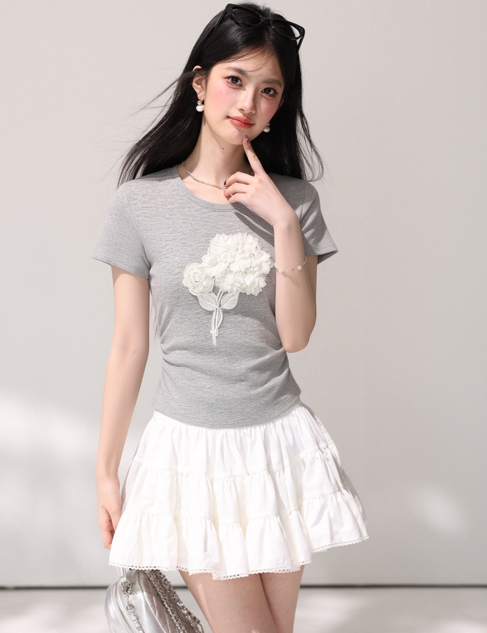 Stereoscopic round neck T-shirt short sleeve fold small shirt