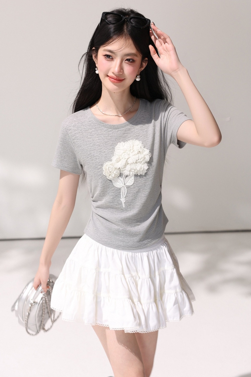Stereoscopic round neck T-shirt short sleeve fold small shirt