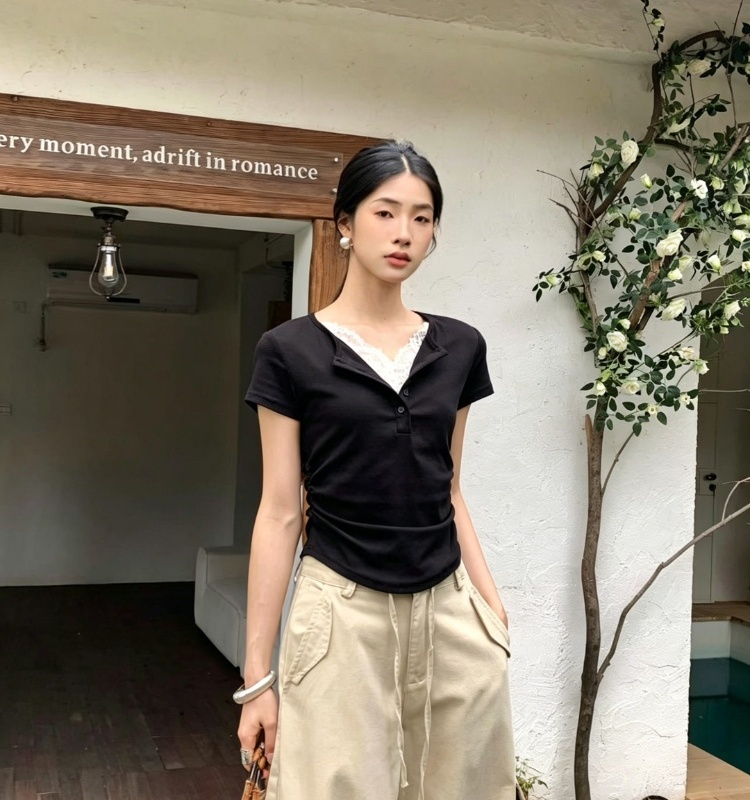 France style temperament T-shirt lace tops for women