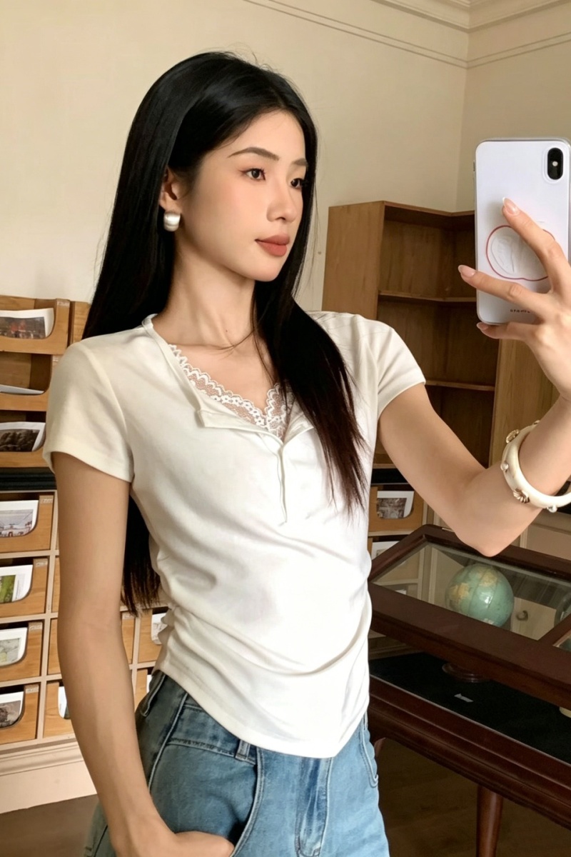 France style temperament T-shirt lace tops for women