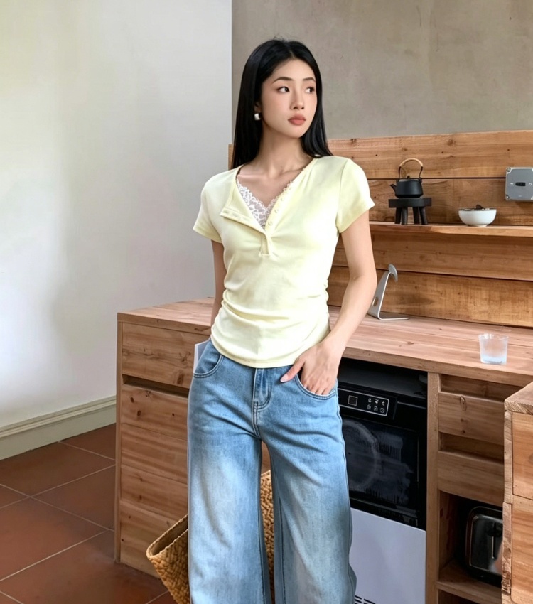 France style temperament T-shirt lace tops for women