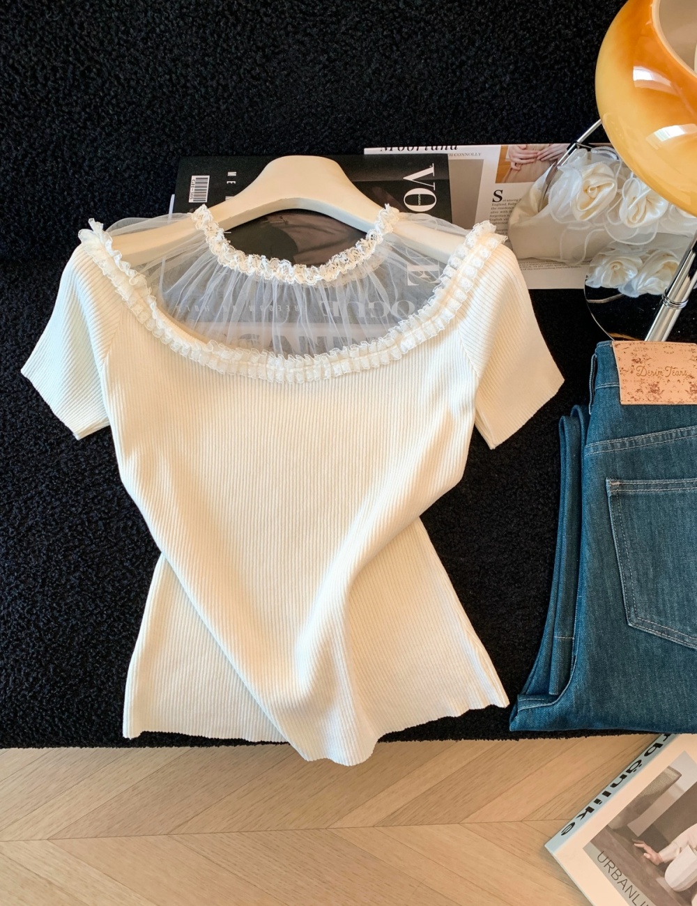 Summer short sleeve lace tops temperament slim T-shirt