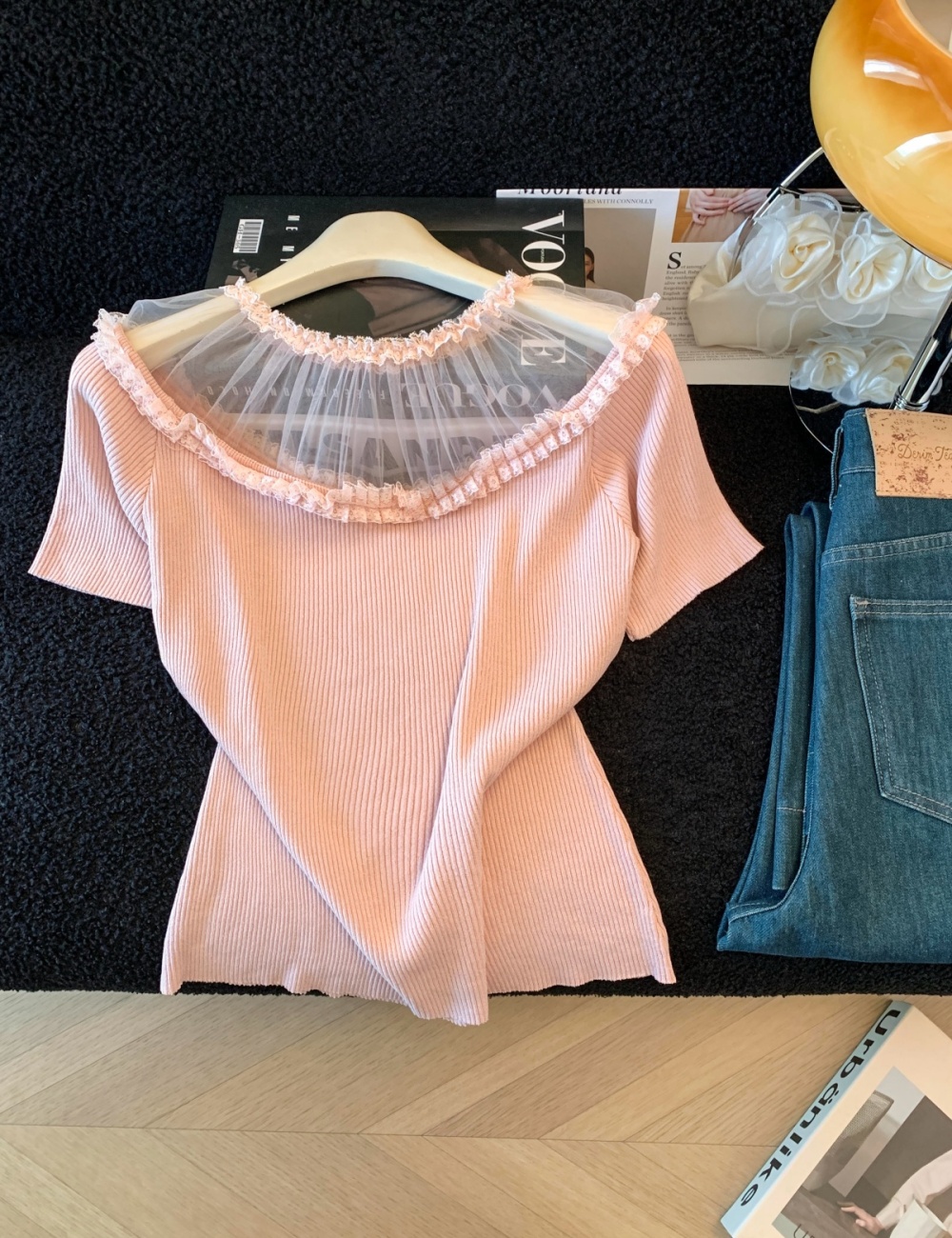 Summer short sleeve lace tops temperament slim T-shirt