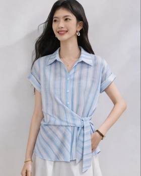 Retro slim tops summer vertical stripes shirt for women