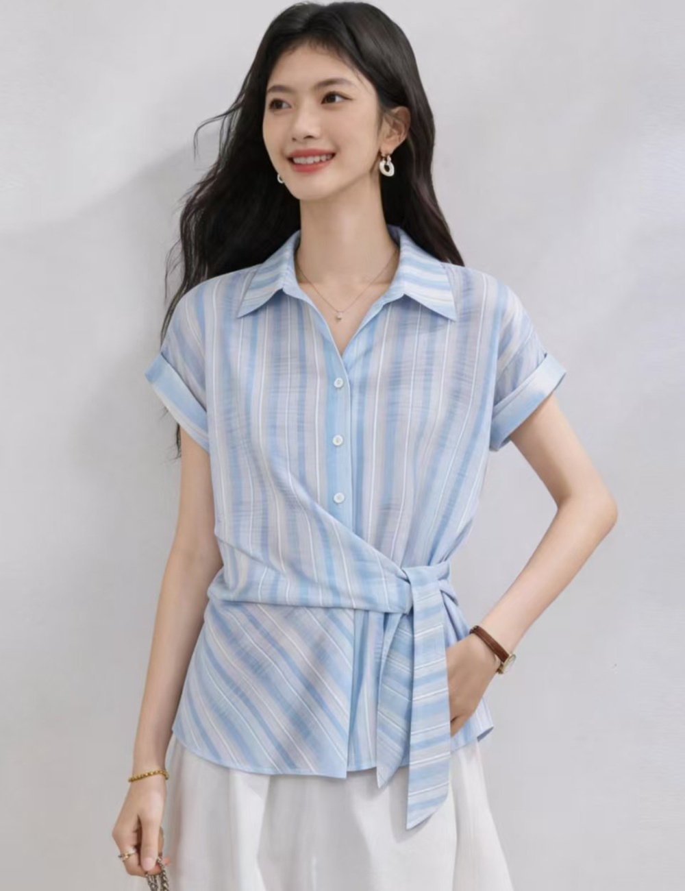 Retro slim tops summer vertical stripes shirt for women